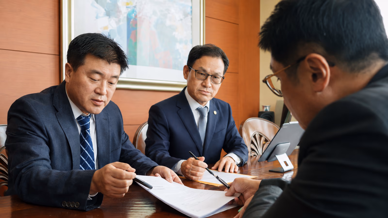 김충식 상담실장과 서요한 대표변호사가 상담 중 서류를 함께 검토하는 모습